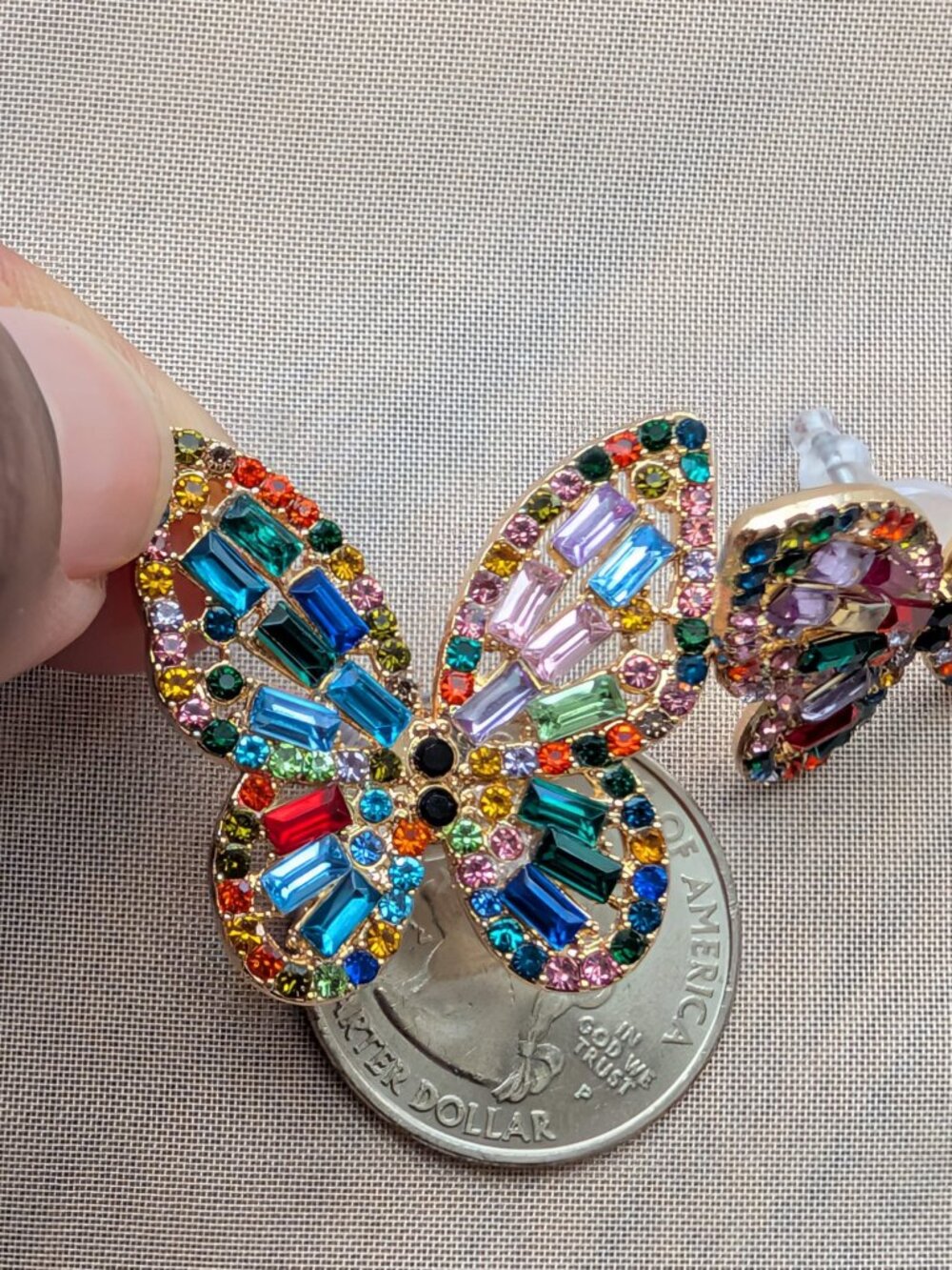 Multicolor Butterfly Earrings | Rhinestone Statement | Feminine Glam - Picture 2 of 3